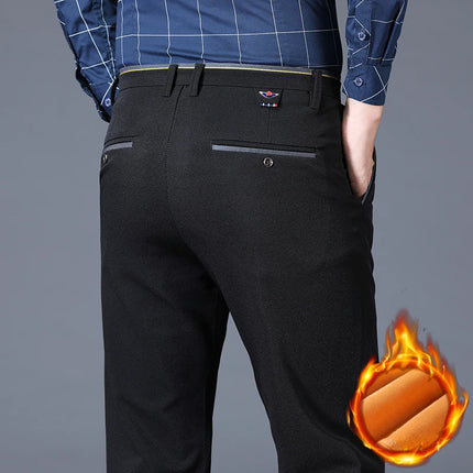Winter Warm Mens Fleece Suit Pants Business Office Straight Formal Thicken Casual Pants Elastic Classic Velvet Thermal Trousers