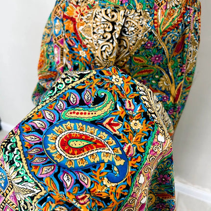 Gonna Lunga Vintage Bohemien con Stampa Etnica da Donna, Gonna Estiva Casual a Vita Alta 2026, Elegante Gonna Boho a Trapezio con Spacco e Pieghe