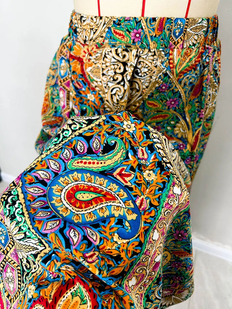 Gonna Lunga Vintage Bohemien con Stampa Etnica da Donna, Gonna Estiva Casual a Vita Alta 2026, Elegante Gonna Boho a Trapezio con Spacco e Pieghe
