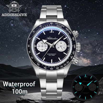 ADDIESDIVE New Quartz Watch Luxury VK64 Chronograph Men Wristwatches BGW9 Luminous Diving 100m Waterproof 316L Stainless Steel