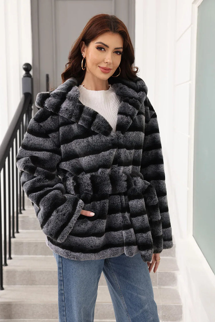 ZADORIN New Stripes Winter Fur Coats Woman Mid Long Hooded Warm Loose Faux Fur Coat For Woman Elegant Belted Fluffy Fur Jacket