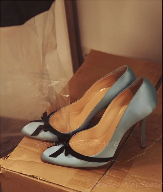 Blue satin décolleté with pointed toe and black bow Decor Stiletto heels Summer fashion Women's dress Classic casual sandals Rubber sole