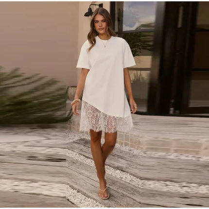 T-Shirt Dress with Lace and Asymmetrical Hem, Short Sleeves, Crew Neck, Casual and Comfortable Mini Dress, Summer Fashion 2026 Streetwear