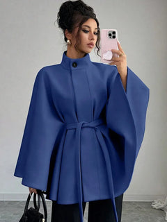 Elegant Women's Woolen Coat Autumn Winter Stand up Collar Cape Style Design Tie Waist Atmospheric Fashionable Ladies Outerwear