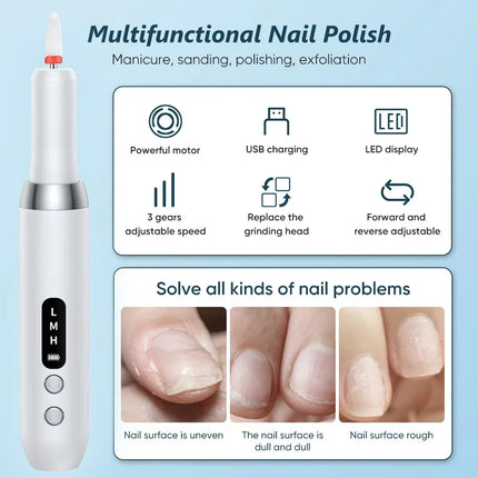 Portable Professional Electric Manicure Nail Drill Polisher Pen, Equipped with Multi-functional Grinding Drill Bits, Efficient Tool for Nail Surface Sanding, Dead Skin Cuticle Removal and DIY Nail Art Creation