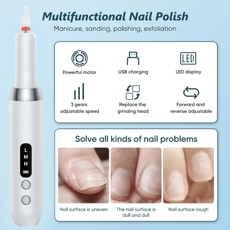Portable Professional Electric Manicure Nail Drill Polisher Pen, Equipped with Multi-functional Grinding Drill Bits, Efficient Tool for Nail Surface Sanding, Dead Skin Cuticle Removal and DIY Nail Art Creation