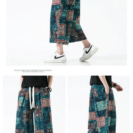 Pantaloncini da uomo estivi Stampa Pantaloni da spiaggia traspiranti a gamba larga Pantaloni larghi casual alla moda Vita elastica Comodi pantaloni al polpaccio da uomo