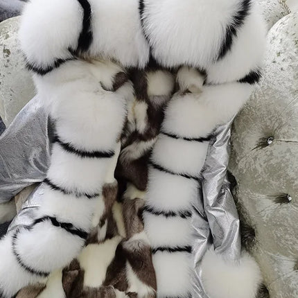 Winter Long Jacket Real Fur Coat Women Clothes Large Silver Fox Fur Collar Detachable Natural Fox Lining Parkas Leather Fur