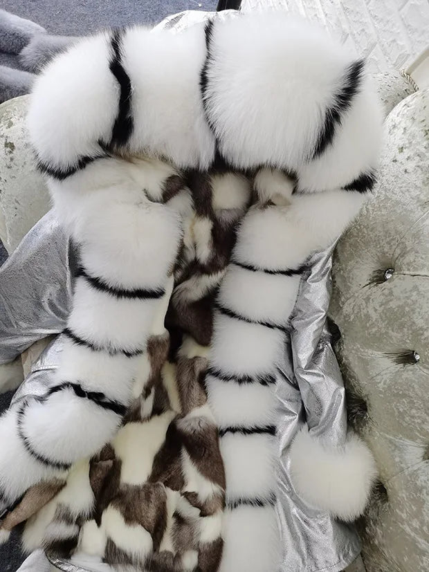 Winter Long Jacket Real Fur Coat Women Clothes Large Silver Fox Fur Collar Detachable Natural Fox Lining Parkas Leather Fur