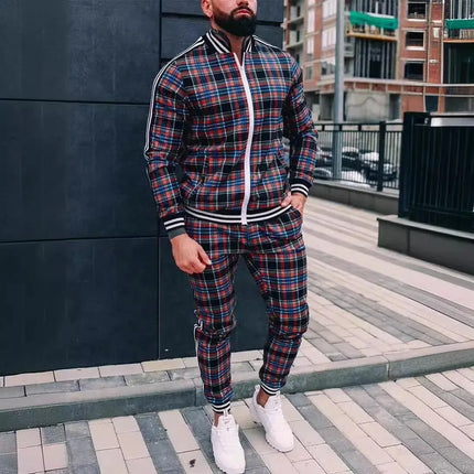 2025 Men Tracksuit 2pc Set Gym Hiking Plaid Zipper Hoodie Cargo Pants Autumn Athleisure Outfit Fleece Jogger Sportswear PlatiNum