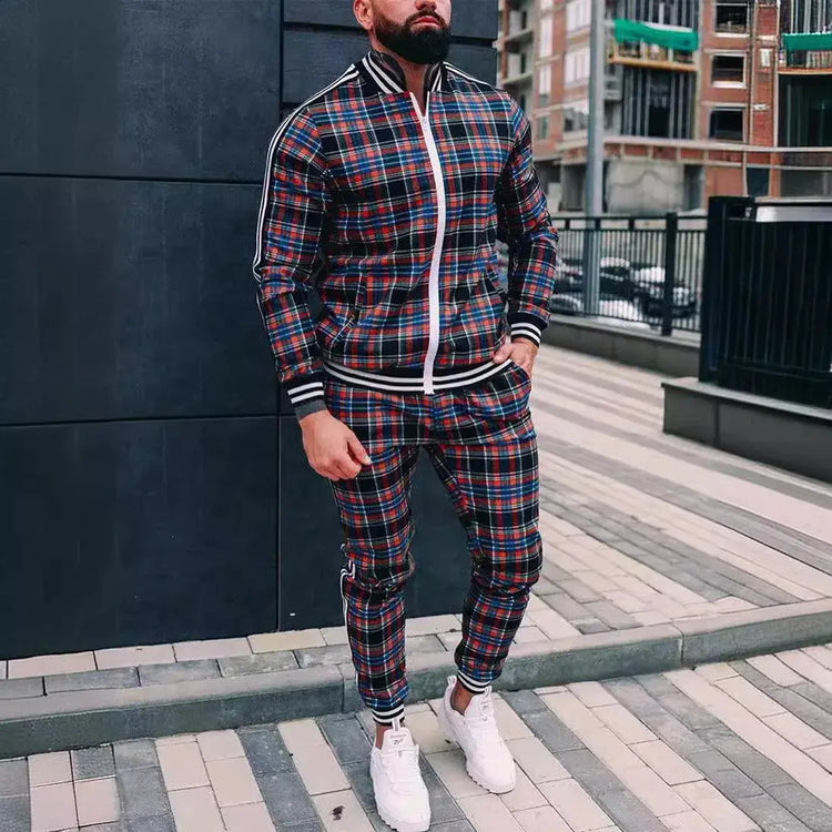 2025 Men Tracksuit 2pc Set Gym Hiking Plaid Zipper Hoodie Cargo Pants Autumn Athleisure Outfit Fleece Jogger Sportswear PlatiNum