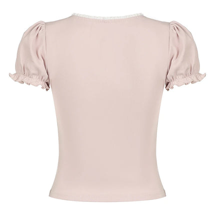Sweet Button Up Women's Summer Top Cute Slim Fit Contrast Lace Stitching Bow Square Collar T-Shirt Y2K Korean Tees