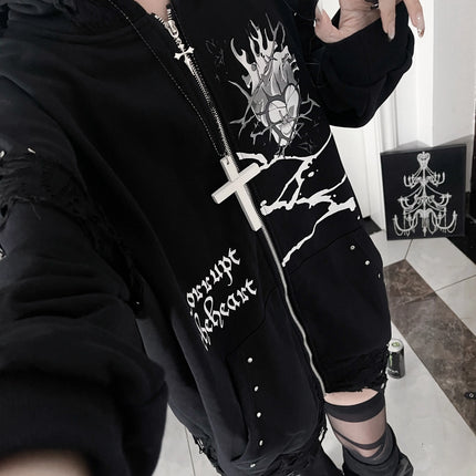 Original Print Subculture Dark Loose Cat Ear Distressed Hooded Sweatshirt Jacket Zip Up Hoodie Oversized Hoodie