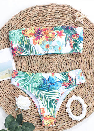 Costume da bagno due pezzi a vita bassa con stampa foglie rosa per donna - Bikini da spiaggia PlatiNum