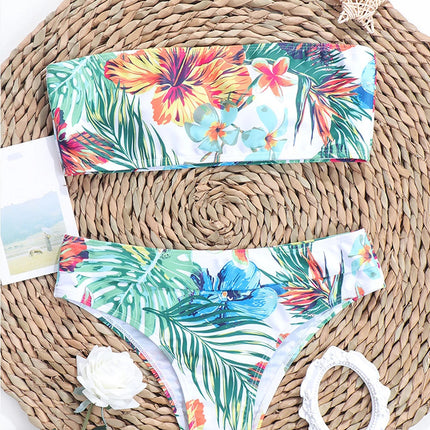 Costume da bagno due pezzi a vita bassa con stampa foglie rosa per donna - Bikini da spiaggia PlatiNum