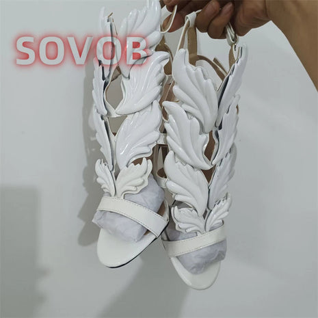 White Elegant Prom Heels Sandals Open Toe Leaf Wing Caged Sandals Chic Party Event Stiletto Shoes Stylish Party Footwear PlatiNum