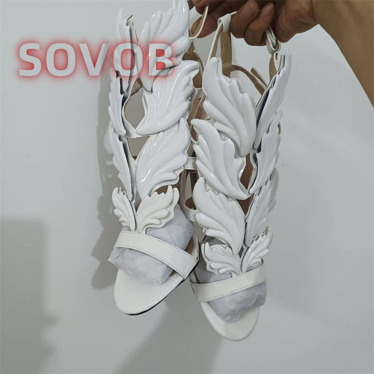 White Elegant Prom Heels Sandals Open Toe Leaf Wing Caged Sandals Chic Party Event Stiletto Shoes Stylish Party Footwear PlatiNum
