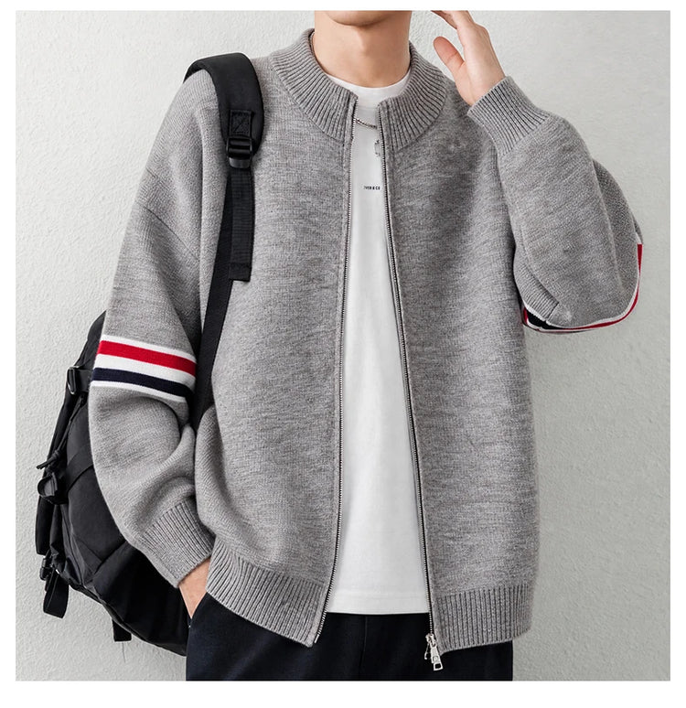 High End Men's Knitted Cardigan Autumn Winter Round Neck Zipper Casual Luxury Brand Classic Trendy Striped Korean Simple Sweater