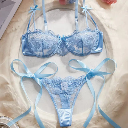 Lady Floral Embroidery Lingerie Set Women Sheer Bra and Brief Underwear Set Satin Sexy Intimates Underwear