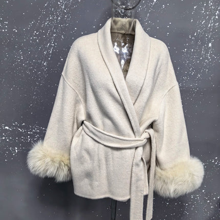 UCXQ Elegant Woolen Coat Temperament Office Lady Overcoats Fur Patchwork Long Sleeve Beautiful Women's Coats 2025 Winter New