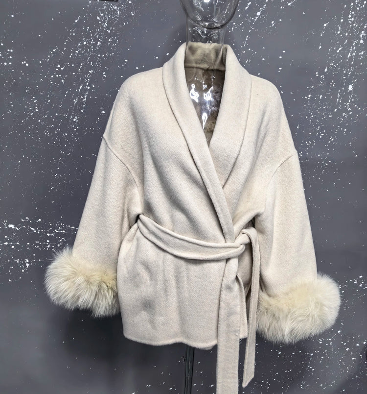 UCXQ Elegant Woolen Coat Temperament Office Lady Overcoats Fur Patchwork Long Sleeve Beautiful Women's Coats 2025 Winter New
