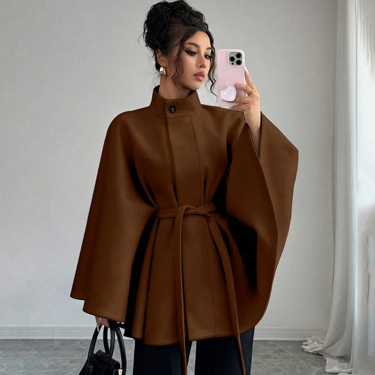 Women's Belted Wool Cape Coat High Neck Stand Collar Batwing Sleeve Loose Fit Winter Warm Poncho Outerwear 2026