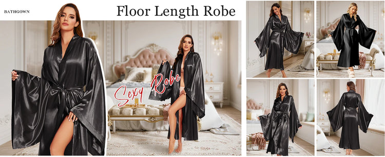 Elegante abito lungo da pavimento in seta da sposa, abito da sposa, kimono, abito da sposa, festa, abito da sposa, abito kimono nero