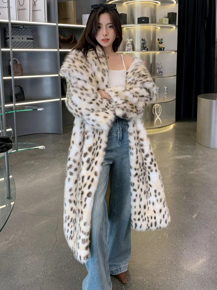 ZADORIN High Quality Elegant Loose Long Faux Fur Coat Winter Women Leopard Print Lapel Faux Mink Fur Jacket Thick Warm Fur Coats