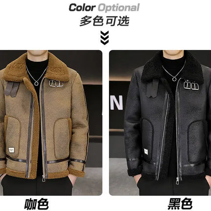 High-quality Faux Fur Leather Jackets Men Splicing Pockets Trend Casual Motorcycle Bike Jacket Winter Thick Warm Coat Streetwear