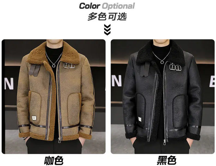 High-quality Faux Fur Leather Jackets Men Splicing Pockets Trend Casual Motorcycle Bike Jacket Winter Thick Warm Coat Streetwear
