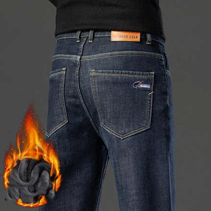 Men's Loose Straight Pants 2026 New Winter Fashion Warmt Plush Thick Jeans Cotton Straight Fleece Male Brand Denim Trousers