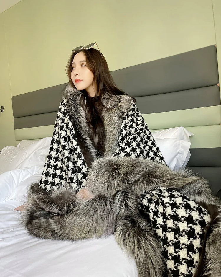 ZADORIN Autumn Winter Luxury Faux Fur Coat Women Elegant Houndstooth Tweed Warm Big Poncho Fur Shawl Cape Women Party Outerwear
