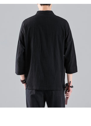 Camicie in Stile Cinese per Uomo, Top Tradizionale Tang in Lino a Mezza Manica, Camicia Kung Fu Hanfu Vintage Casual, Taglie Grandi fino a 5XL