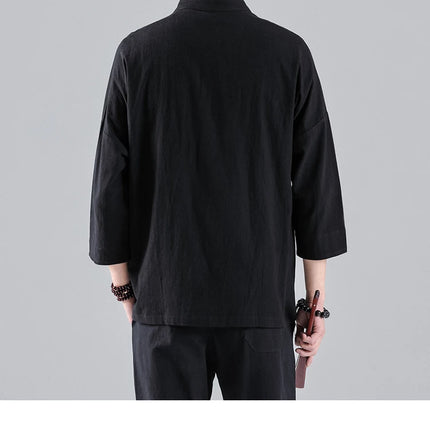 Camicie in Stile Cinese per Uomo, Top Tradizionale Tang in Lino a Mezza Manica, Camicia Kung Fu Hanfu Vintage Casual, Taglie Grandi fino a 5XL