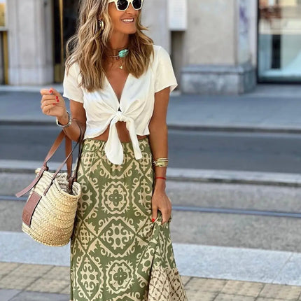 Gonna ampia stampata con elastico in vita da donna, gonna midi boho con inserti, adatta per la spiaggia e l'uso quotidiano