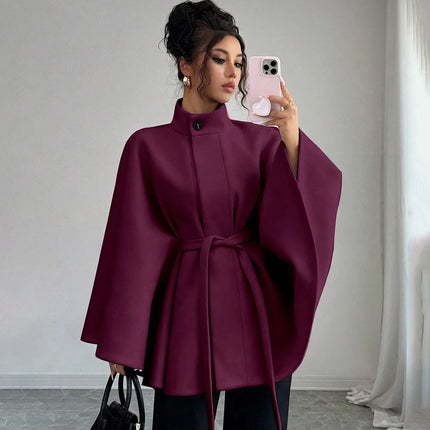 Wool Coat Women Autumn Winter Woolen Jacket Batwing Sleeve Button Lace Up Blends Turtleneck Overcoat Office Lady Outerwear