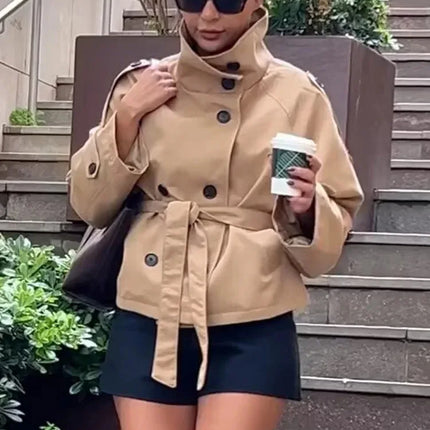 Belted Waist Cropped Trench Jackets Women Double Breasted Stand Collar Coats 2025 Autumn Chic Casual Vintage Jacket Women Cloth