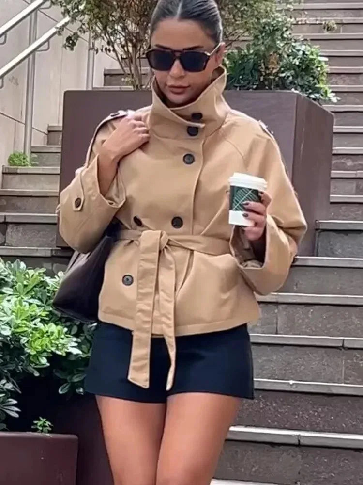 Belted Waist Cropped Trench Jackets Women Double Breasted Stand Collar Coats 2025 Autumn Chic Casual Vintage Jacket Women Cloth