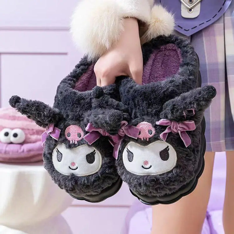 Sanrio Kuromi Kawaii Plush Slippers Women Thick Platform Height Increasing Non-Slip Warm Winter Indoor House Shoes