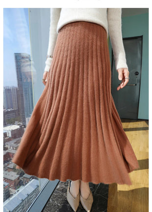 Autumn And Winter Fashion Mink Cashmere Mid Length High Waist Skirt For Women, Knitted Umbrella Skirt, Fashionable Pleated Skirt PlatiNum