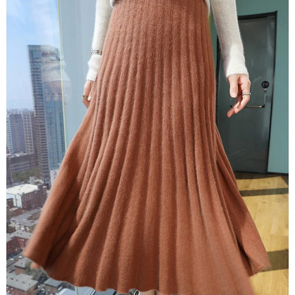 Autumn And Winter Fashion Mink Cashmere Mid Length High Waist Skirt For Women, Knitted Umbrella Skirt, Fashionable Pleated Skirt PlatiNum
