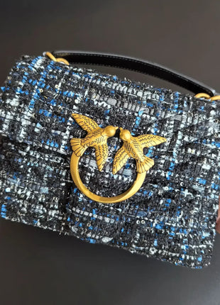Nuova Borsa a Tracolla/Crossbody da Donna 2026 Ispirata a Pinko in Tweed con Cigno, in Vera Pelle