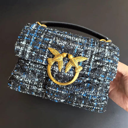 Nuova Borsa a Tracolla/Crossbody da Donna 2026 Ispirata a Pinko in Tweed con Cigno, in Vera Pelle