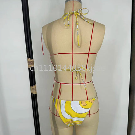 Set Bikini Giallo di Lusso per Donna con Logo Firmato, Abiti in Rete di Marca alla Moda, Abbigliamento da Spiaggia platinumshop