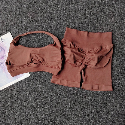 2PCs Peach High Waist Belly Hip Lifting Sports Bras Shorts Suit Gathering Shock-proof Neck Halter Yoga Suit Running Fitness Set