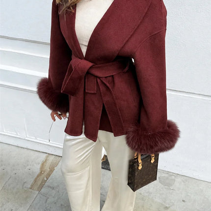 Tossy Fox Fur Wool Overcoat Women's Short Coat Office Lady Elegant Double-sided Woolen Coat 2025 New Cardigan Jackets Loose Wool