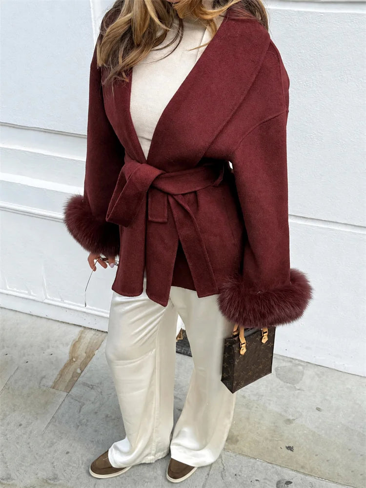 Tossy Fox Fur Wool Overcoat Women's Short Coat Office Lady Elegant Double-sided Woolen Coat 2025 New Cardigan Jackets Loose Wool