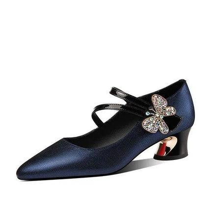 FHC Tacchi medi in pelle poco profonde, Scarpe da lavoro da donna da ufficio, Décolleté da donna, Papillon con strass, Punta a punta Vogue, Blu, Nero, Dropship