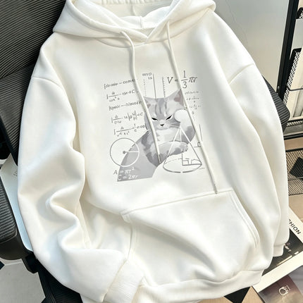 Women's casual hooded long-sleeved pullover with "Cat and Mathematical Formula" print. Loose fit sweatshirt hoodie hoodies
