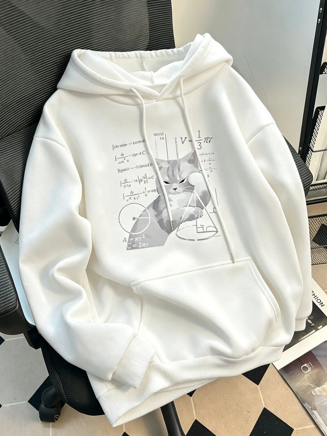 Women's casual hooded long-sleeved pullover with "Cat and Mathematical Formula" print. Loose fit sweatshirt hoodie hoodies